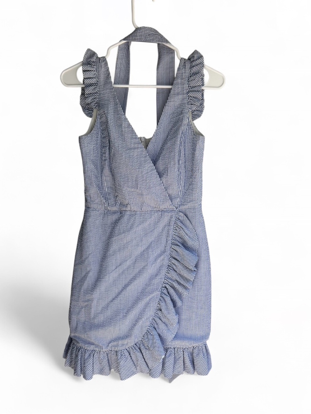 American Made 100% cotton Striped Ruffle Wrap Midi Dress in Blue